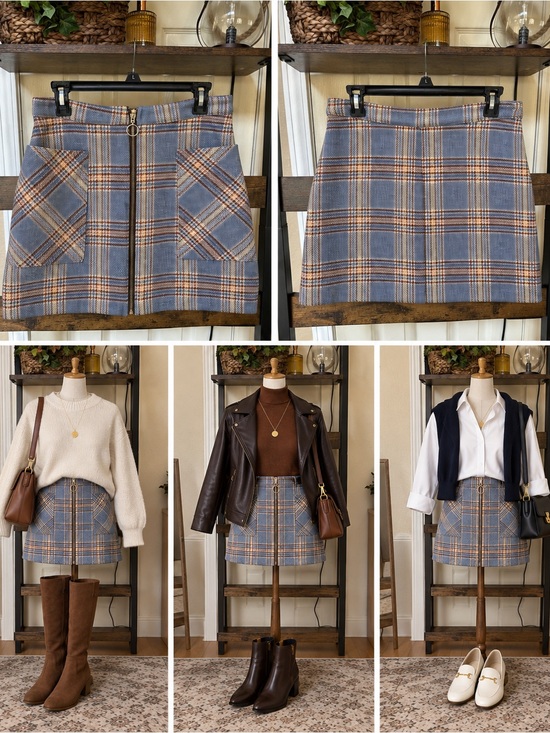 Dresses & Skirts - Plaid Zip-Front Mini Skirt in Blue and Brown